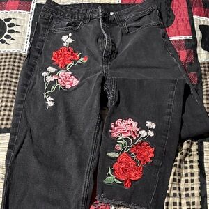 Divided Black Jeans with Red and Pink Floral Embroidery